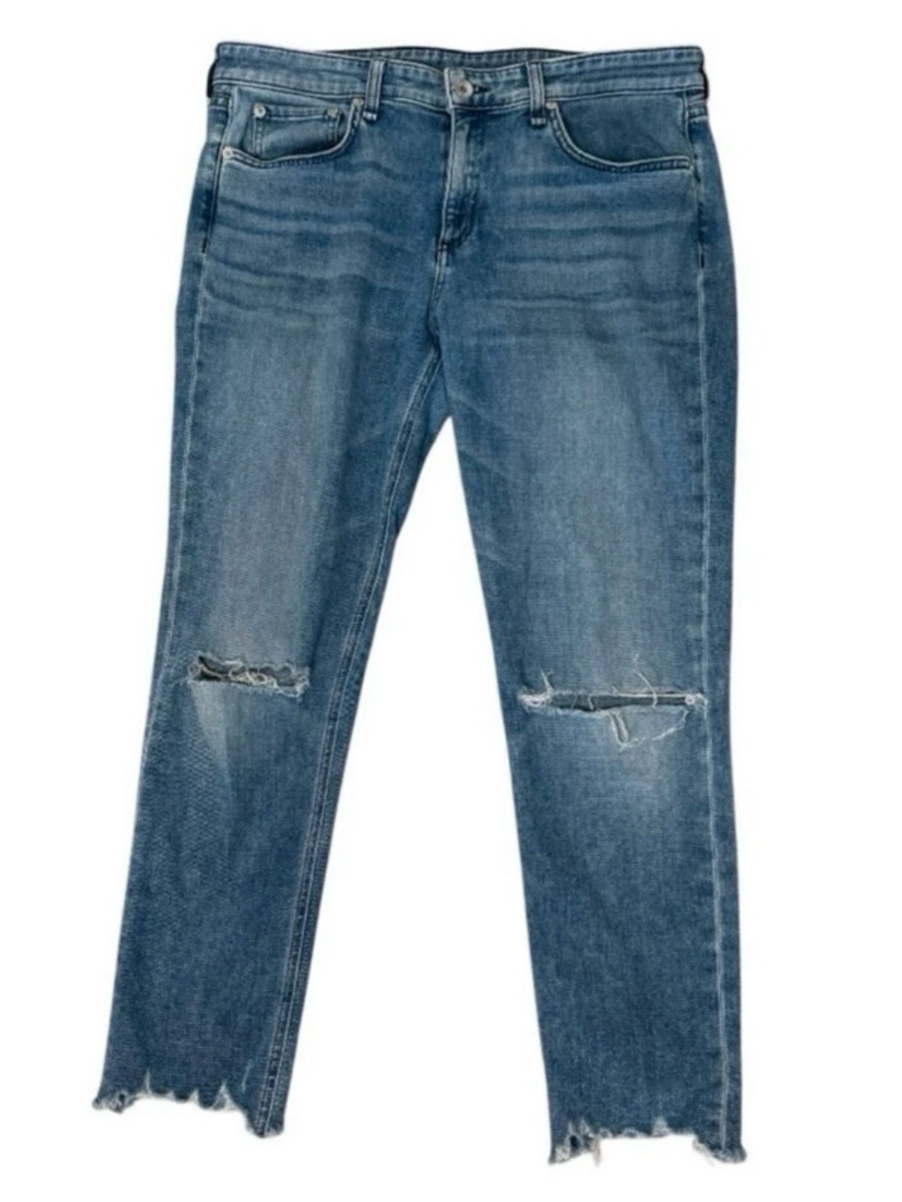 Rag & Bone Dre Low Rise Slim
Boyfriend Jeans Womens Size 29
Blue Shark Bite Hem